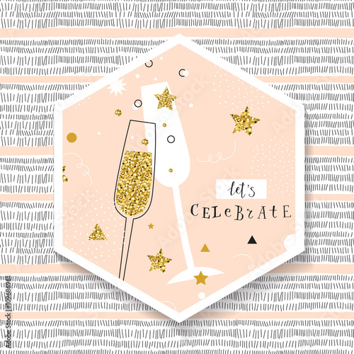 champagne flutes with golden bubbles on minimalistic background with space for text. Let's celebrate
