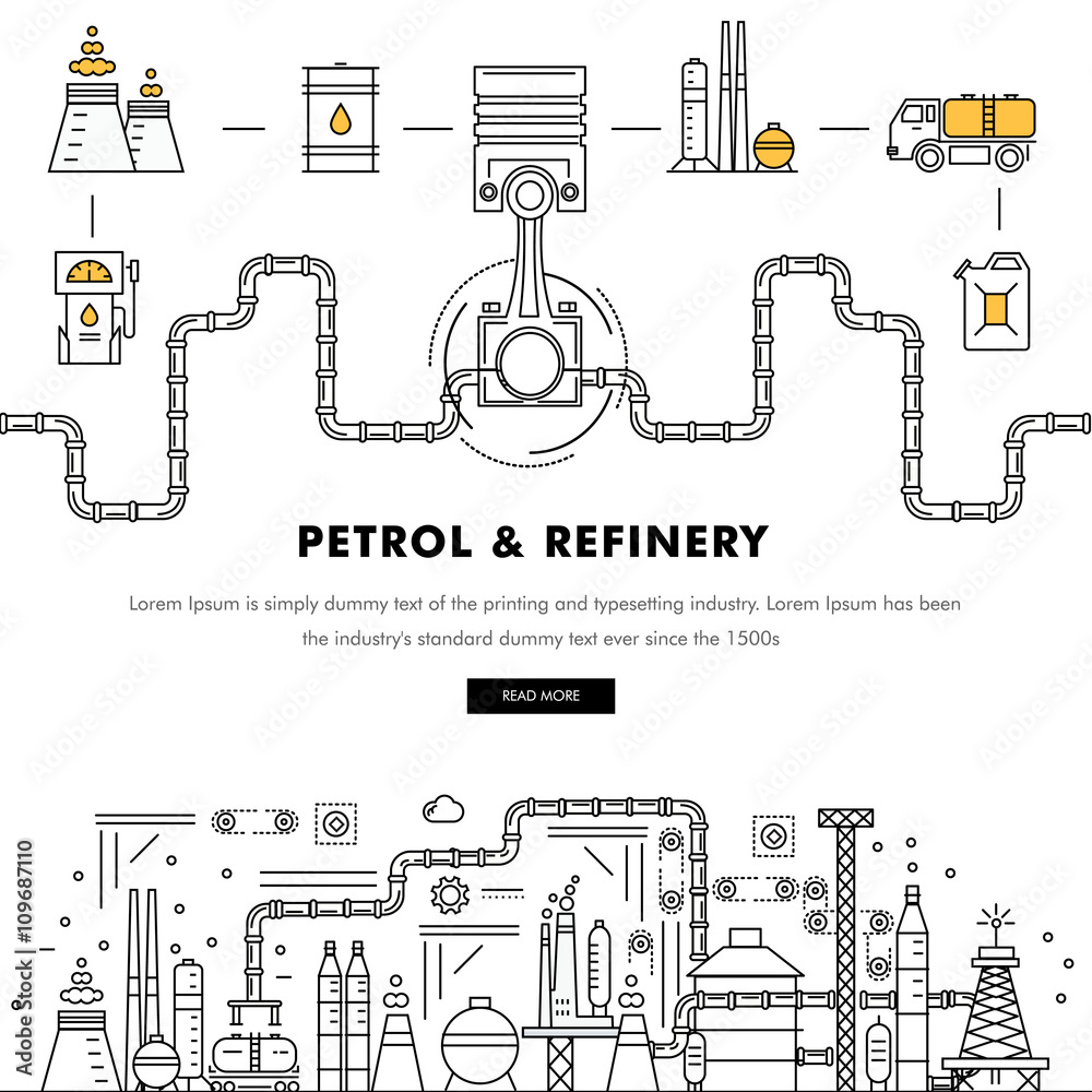 Modern petrol industry thin block line flat color icons and composition with gas station technology and development gasoline program