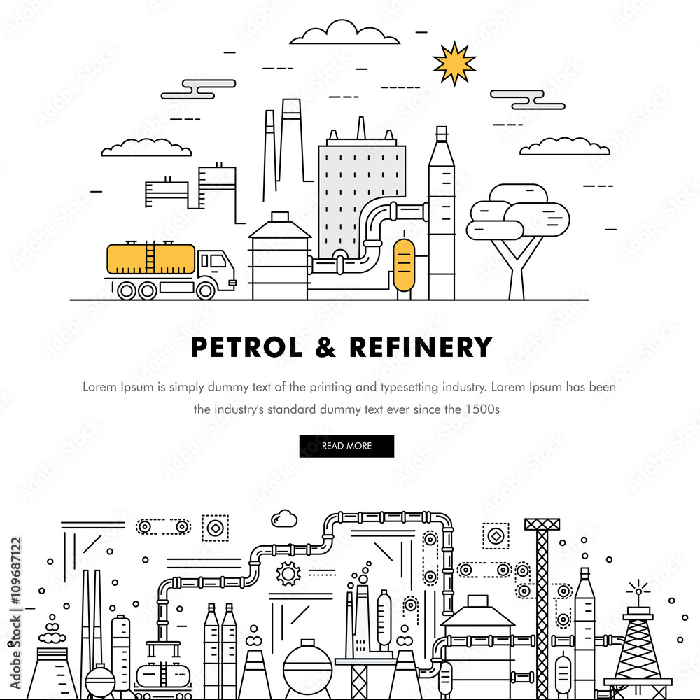 Modern petrol industry thin block line flat color icons and composition with gas station technology and development gasoline program