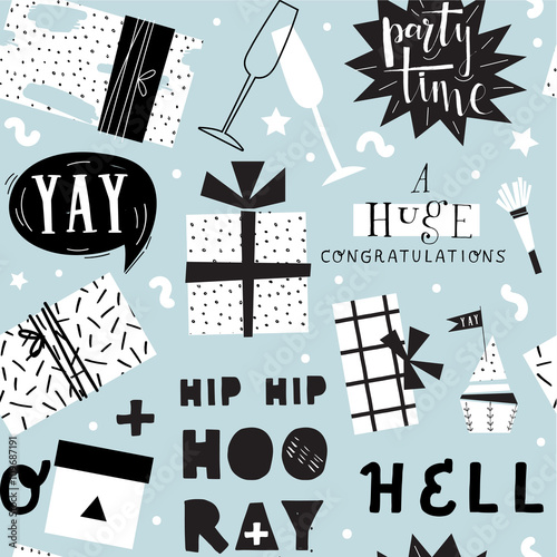 Collection of vector colorful present boxes, hand lettering. Holiday or birthday greeting card, trendy seamless pattern