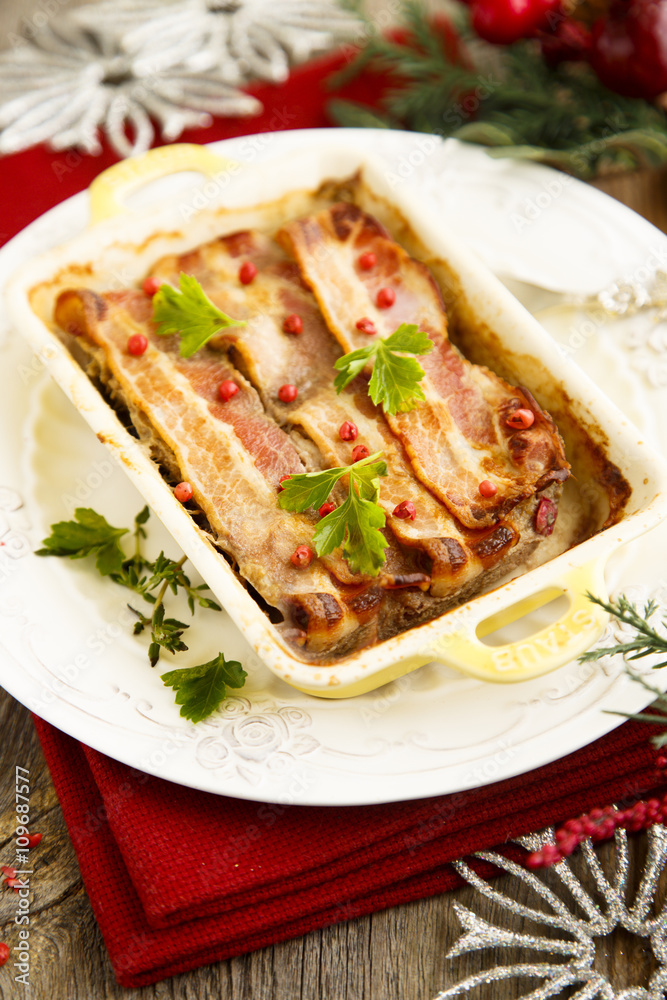 Pork bake with bacon and spices Pork bake with bacon and spices