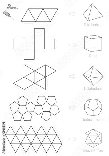 Platonic solids - coloring picture and craft pattern template.