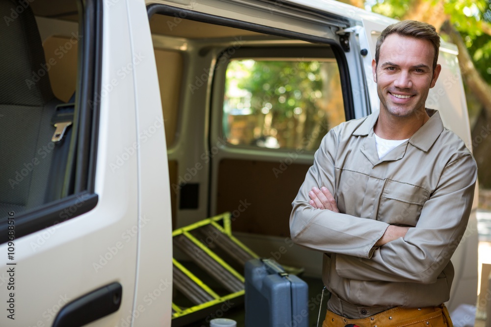 Handyman with tool belt around waist