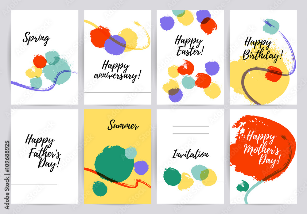 Vector hand drawn congratulation cards. Happy birthday, invitation, Easter, Summer.