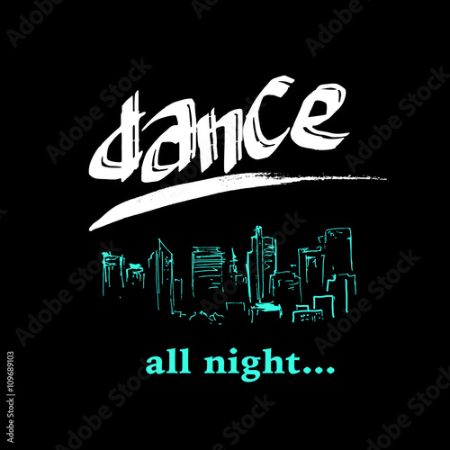 Vector dance studio logo. Dance club icon. Music. Rhythm. Dance floor, dance pool icon. Night disco bar, club logo icon. Hand drawn city scape. Pole dance. Ball room dance. Dance school insignia.