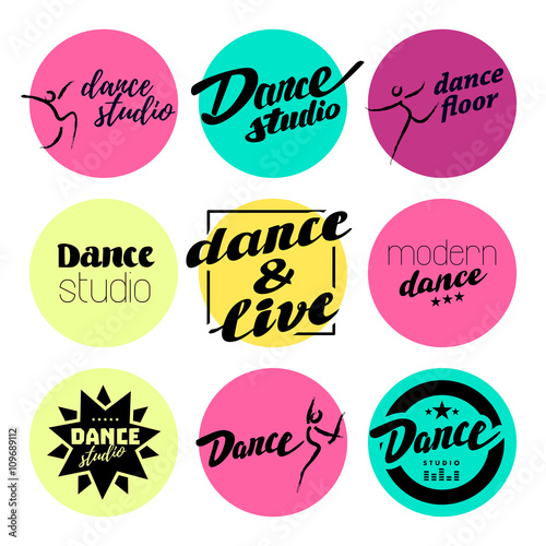 Vector flat dance studio logo. Dance flat emblem set. Dancing icon. Human icon. Human figure. Modern dance center. Pole dance. Ball room dance. Dance school insignia. Hand written font, lettering.