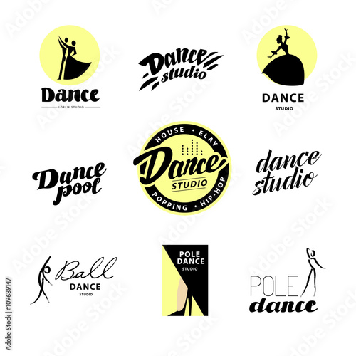 Vector flat dance studio logo. Dance icon. Dancing icon. Human icon. Stamp. Human figure. Dancing lady. Ballet. Pole dance. Ball room dance. Dance school insignia. Modern street dance.