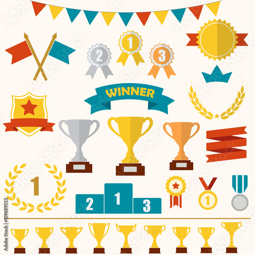 Trophy and awards icon set: laurel wreath, winning trophy cup, crown, medals, pedestal, flags, ribbons. Colorful vector illustration.