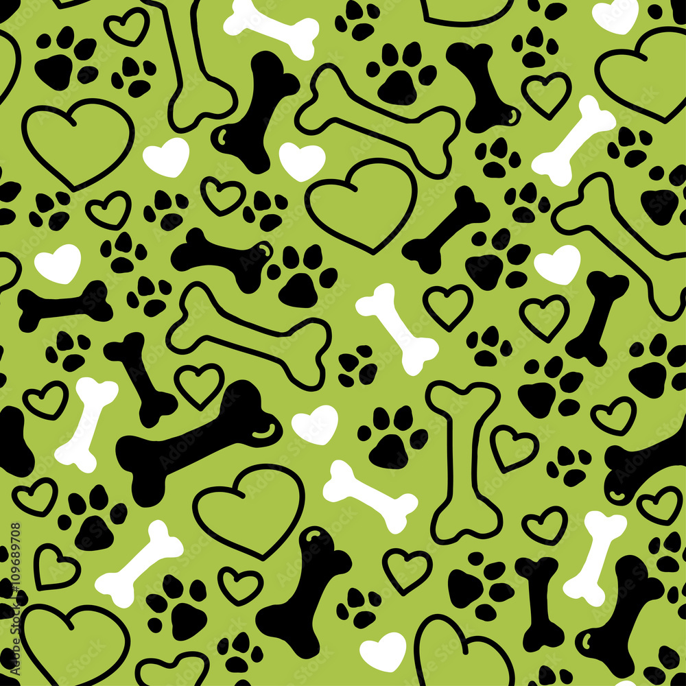 Vector seamless flat hand drawn dog pattern with bones, hearts, paw trace different sizes isolated on green background. Packaging paper design, pet food accessories package.