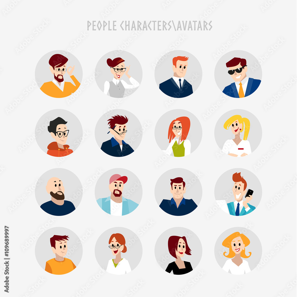 Vector flat people portraits. Smiling human icon. Human avatar. Simple cute characters. Cute friendly people. Profession icon. Vector flat people portraits. Smiling human icon. Human avatar. Simple cute characters. Cute friendly people. Profession icon.