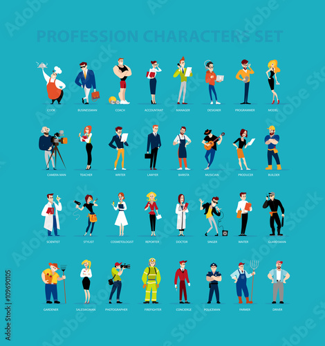 Vector flat profession characters. Human icon. Profession icon. Friendly people icon. Woman icon. Lady icon. Man icon. Girl icon. Boy icon. Icon set.  photo