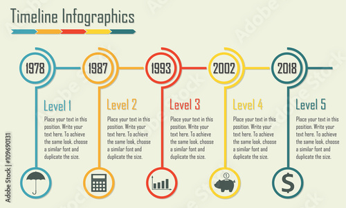 Timeline Infographics template. Isolated design elements. Colorful vector illustration.