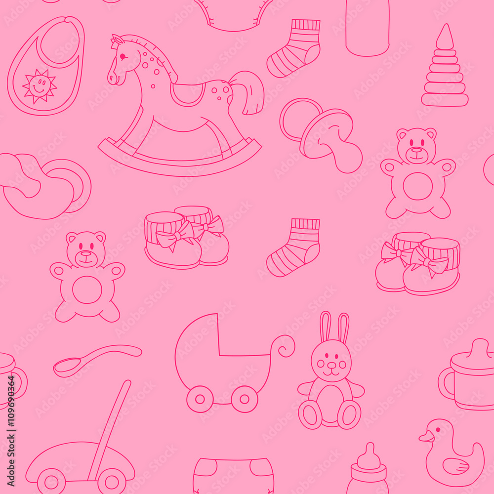 Seamless hand drawn doodle pattern with toys. Vector  illustration for backgrounds, web design, design elements, textile prints, covers, greeting cards
