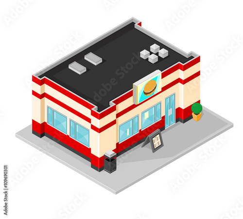 Isometric Vector Illustration icon of an American Diner Restaurant.
Fast food retail chain - eating and junk  food concept.