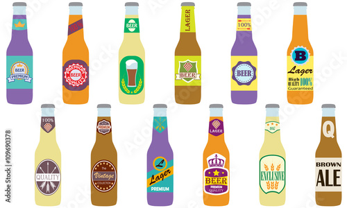 Beer bottles icon set. Beer bottles with label isolated on white background. Colorful vector illustration in flat style.