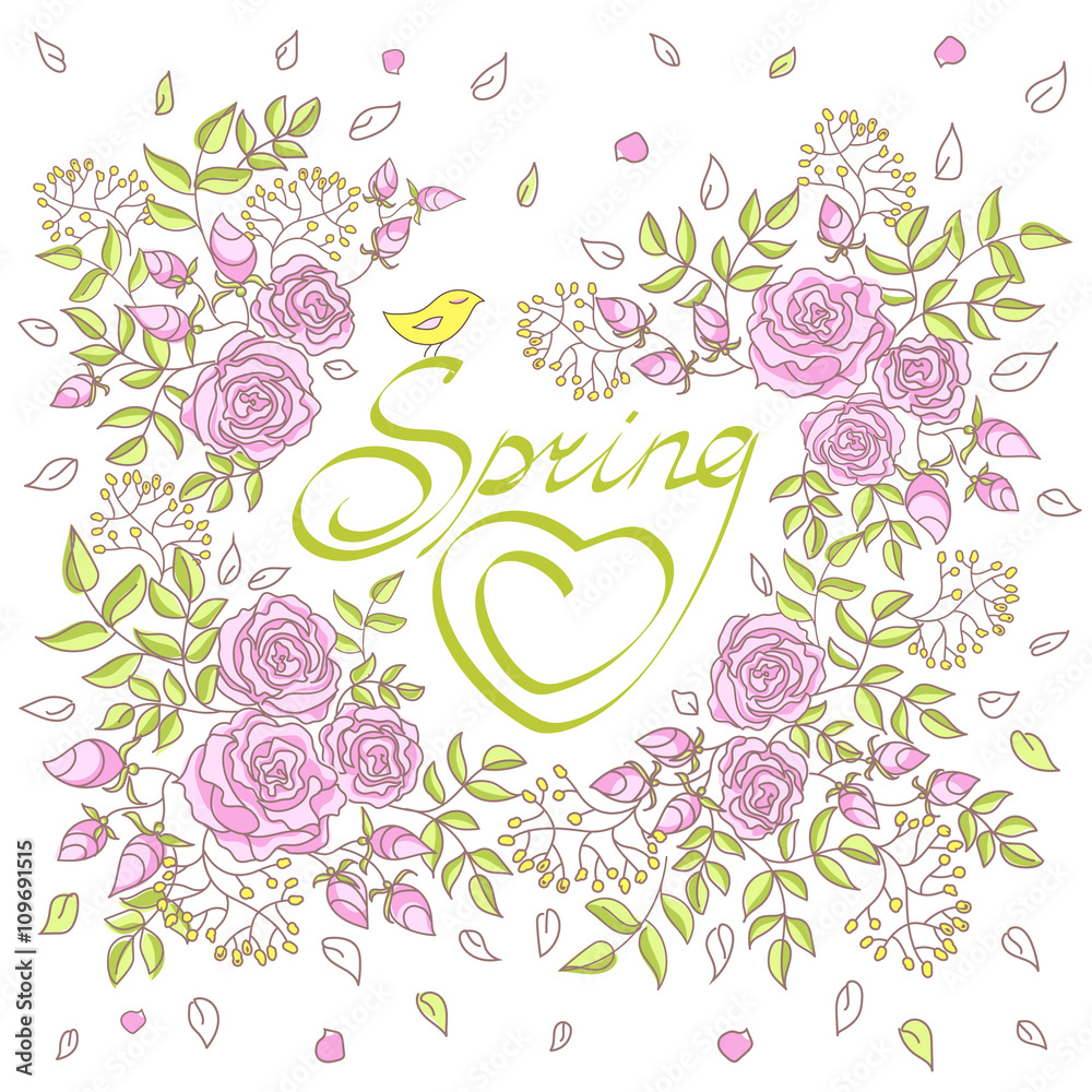 Card with lettering decorated with roses and mimosas. The inscri Card with lettering decorated with roses and mimosas. The inscri
