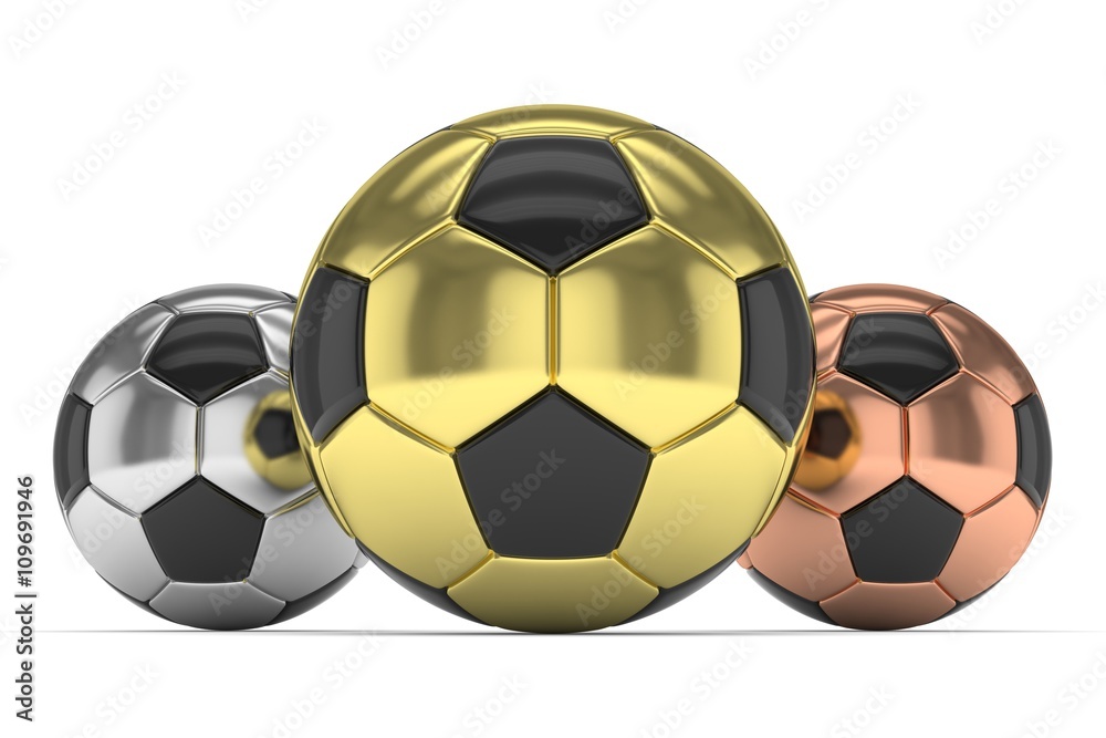 Three gloss soccer balls on white background. 3D rendering. Three gloss soccer balls on white background. 3D rendering.