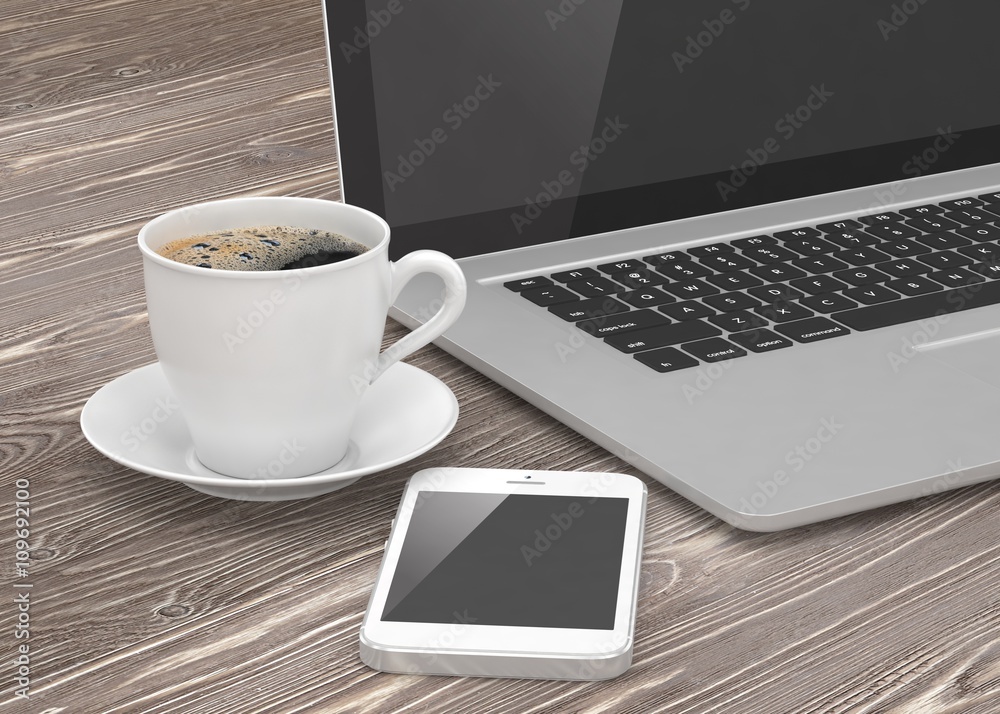 Laptop smartphone and coffee cup on wood. 3d rendering. Laptop smartphone and coffee cup on wood. 3d rendering.