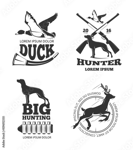 Hunting club vintage vector labels and emblems and logos, badges set. Hunting club, hunting, badge, hunting label illustration