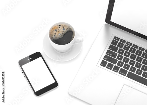 Laptop smartphone and coffee cup on white. 3d rendering.