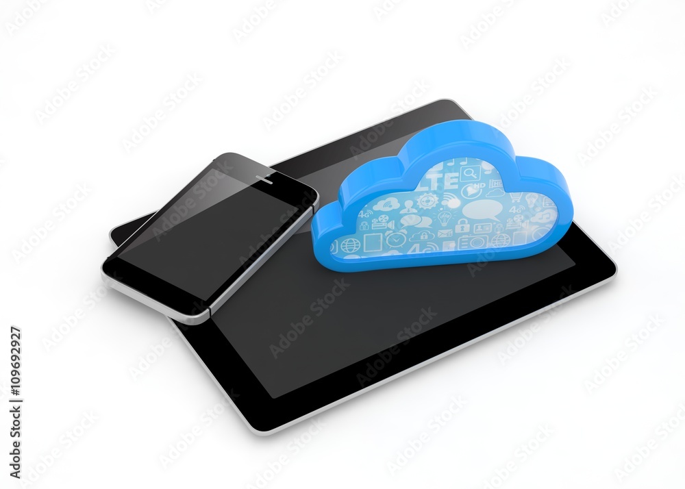 tablet pc, smart phone and cloud. 3d rendering. tablet pc, smart phone and cloud. 3d rendering.