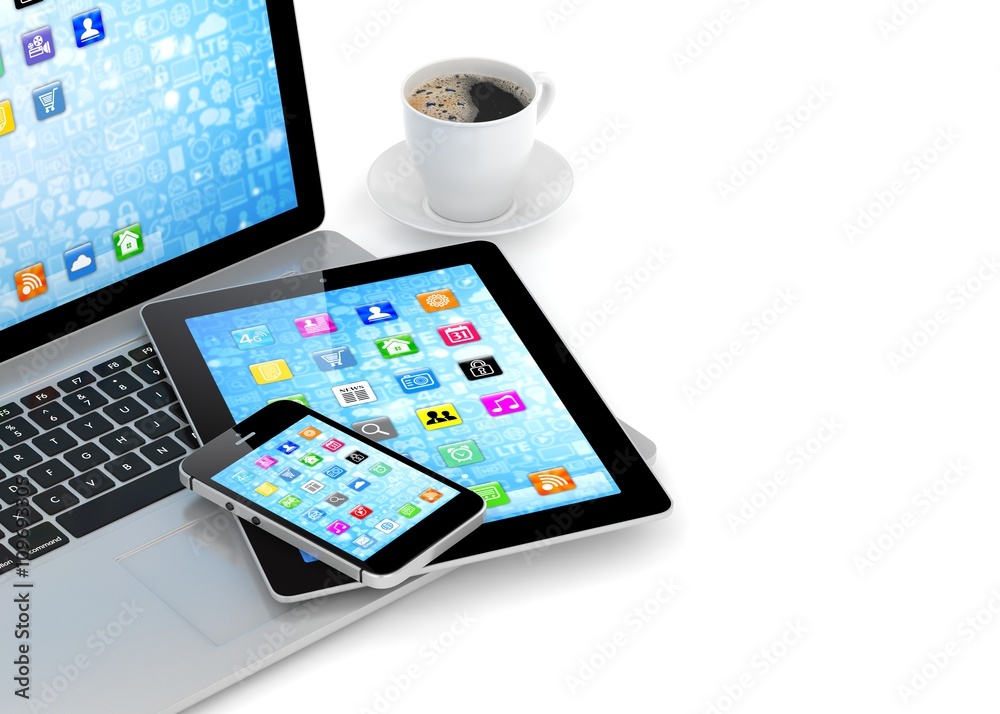 Laptop, phone, tablet pc and coffee. 3d rendering. Laptop, phone, tablet pc and coffee. 3d rendering.