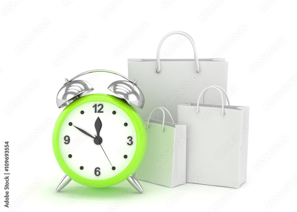 alarm clock and shopping bag (time to buy concept). 3d rendering. alarm clock and shopping bag (time to buy concept). 3d rendering.