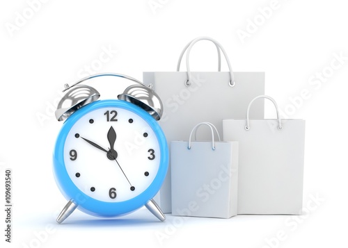 alarm clock and shopping bag (time to buy concept). 3d rendering.