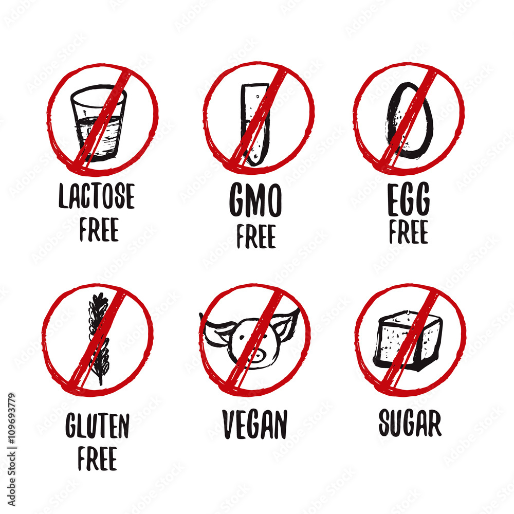 Set of food dietary grunge hand drawn labels for GMO free, gluten free, sugar free and allergen free products. Set of food dietary grunge hand drawn labels for GMO free, gluten free, sugar free and allergen free products.