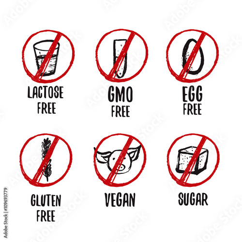 Set of food dietary grunge hand drawn labels for GMO free, gluten free, sugar free and allergen free products. 