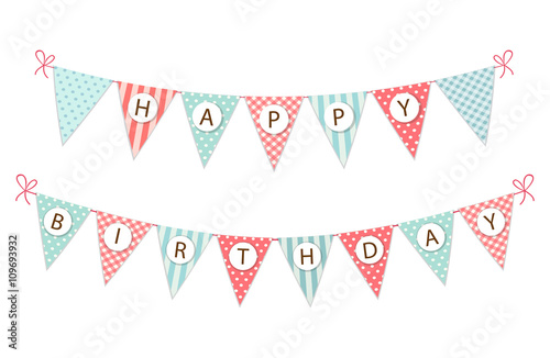 Cute vintage festive fabric pennant banner as bunting flags with letters Happy Birthday in shabby chic style