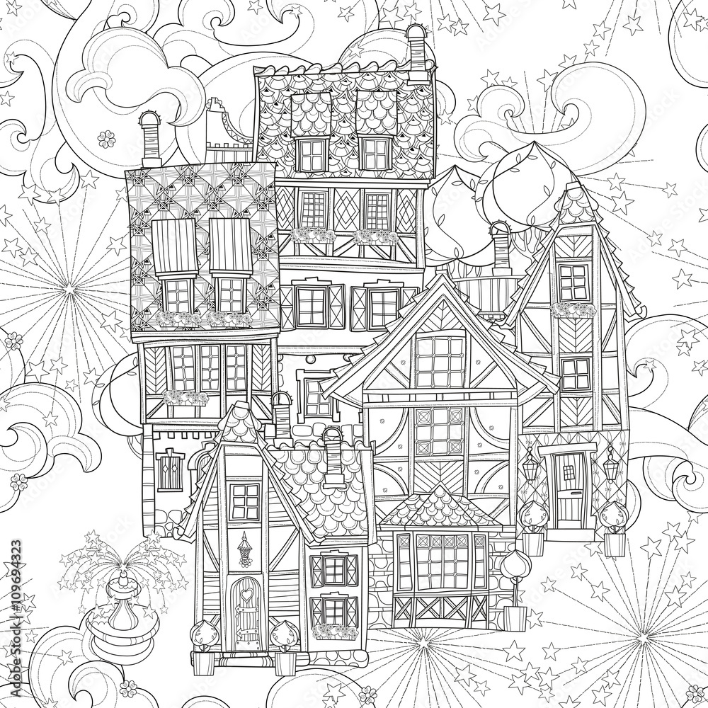 Seamless pattern cute fairy tale town doodle