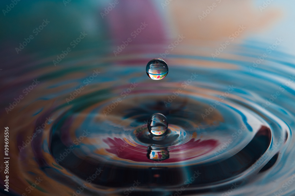 Macro photo of water drops falling into a pool of water, causing a splash and ripples. Macro photo of water drops falling into a pool of water, causing a splash and ripples.