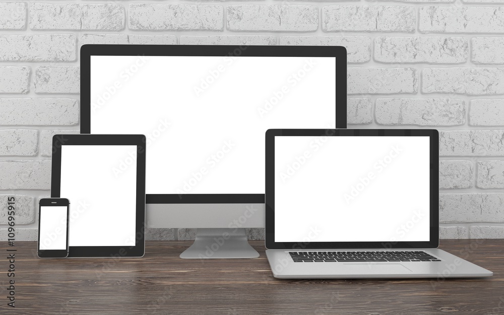 Responsive mockup screen. Monitor, laptop, tablet, phone on table in office. 3d rendering. Responsive mockup screen. Monitor, laptop, tablet, phone on table in office. 3d rendering.