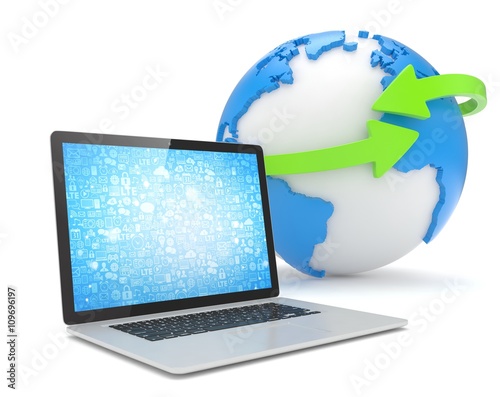 Laptop network and earth globe. 3d rendering.