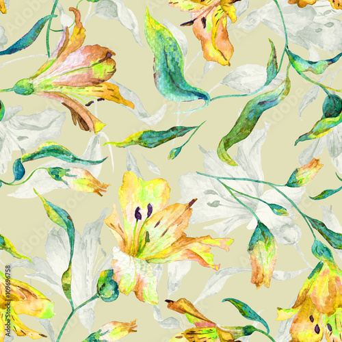 Seamless pattern with yellow lilies. Watercolor flowers. Spring and summer motifs. Can be used for wrapping paper and any your design.
