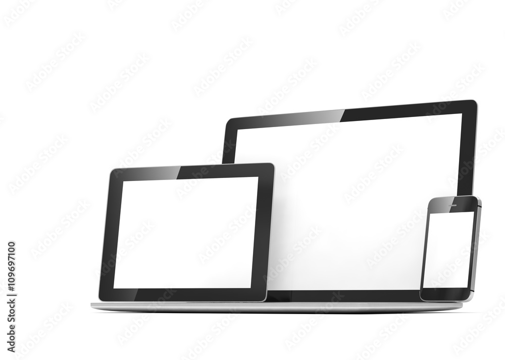 laptop, tablet, phone, on white. 3d rendering. laptop, tablet, phone, on white. 3d rendering.