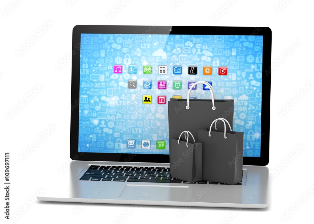 laptop and shopping pags on white background. 3d rendering. laptop and shopping pags on white background. 3d rendering.