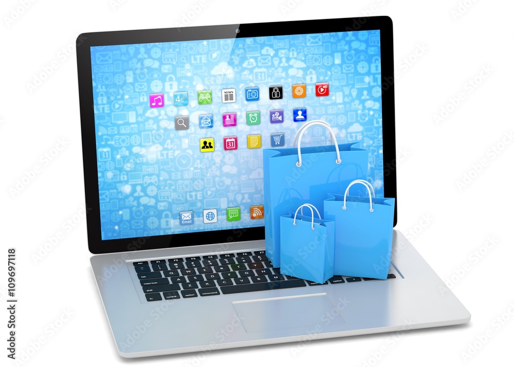 laptop and shopping pags on white background. 3d rendering. laptop and shopping pags on white background. 3d rendering.