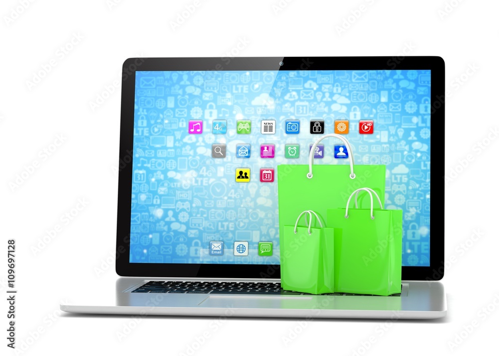 laptop and shopping pags on white background. 3d rendering. laptop and shopping pags on white background. 3d rendering.