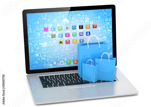 laptop and shopping pags on white background. 3d rendering.