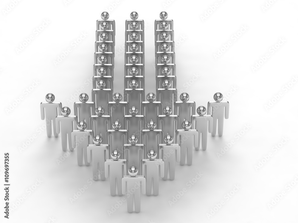 Many 3d people figure in arrow shape with the leader in front. 3d rendering. Many 3d people figure in arrow shape with the leader in front. 3d rendering.