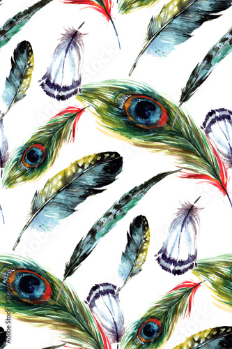 Watercolor feathers seamless pattern