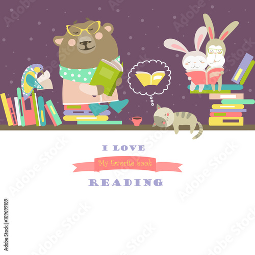 Animals reading books on bookshelves