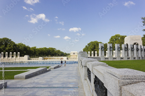 View of the National World War II Memorial, Rainbow Pool & Lincoln Memorial beyond from the ceremonial entrance on 17th Street, Washington DC