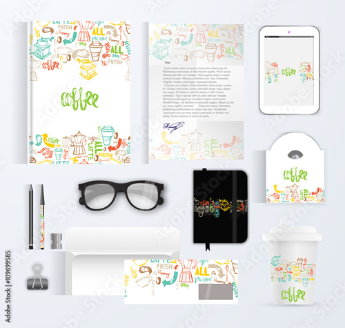 Cafe branding template design with lettering for coffee shop. Hand drawn cafe design mock up. Modern hipster colorful cafe branding with menu, coffe mug, glasses.