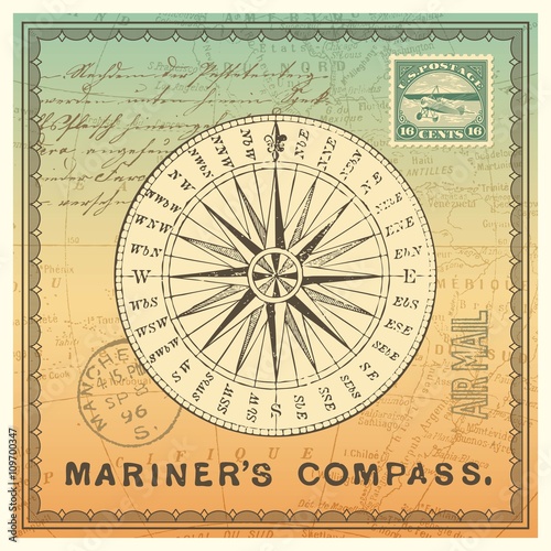retro travel themed background with mariner's compass