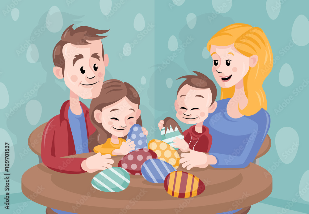 Cartoon Vector Family Celebrating Easter at Home Cartoon Vector Family Celebrating Easter at Home