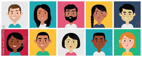 Set of Diverse Avatars for Profile Pictures. Different Nationalities, Clothes and Hair Styles. Cute, Flat Cartoon Style