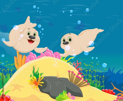 cute seal cartoon with a beautiful underwater world